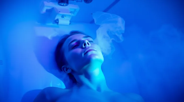 A woman relaxes in a tub illuminated by blue light, symbolizing the benefits of cryotherapy at optimal temperatures.