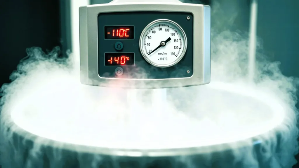 Temperature gauge of a cryotherapy machine displaying extreme temperatures of -110°C and -140°C.