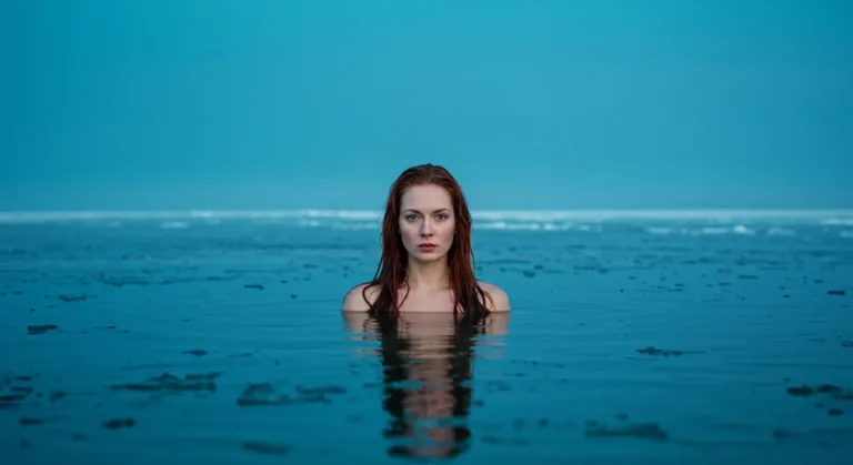 The image depicts a woman standing alone in a cold, icy lake, staring directly into the camera