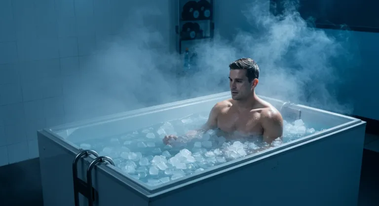 Athlete sitting in an ice bath in a professional recovery center, surrounded by a cool-toned environment with steam rising from the water, emphasizing the cold temperature and post-workout recovery benefits.