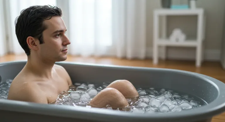 Person immersed in an ice bath for arthritis relief, with a calm expression and ice cubes visible in the water, symbolizing cold therapy for joint pain.