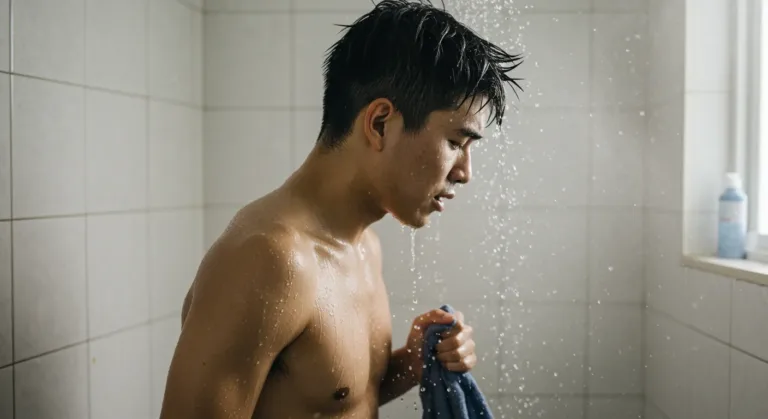 Person stepping into a cold shower with steam rising, emphasizing the shock of cold water immersion.